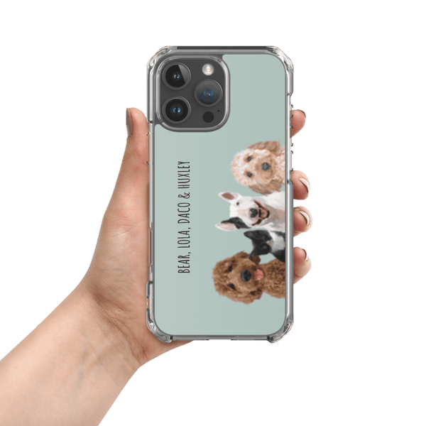 Portada de teléfono con retratos de cuatro mascotas.