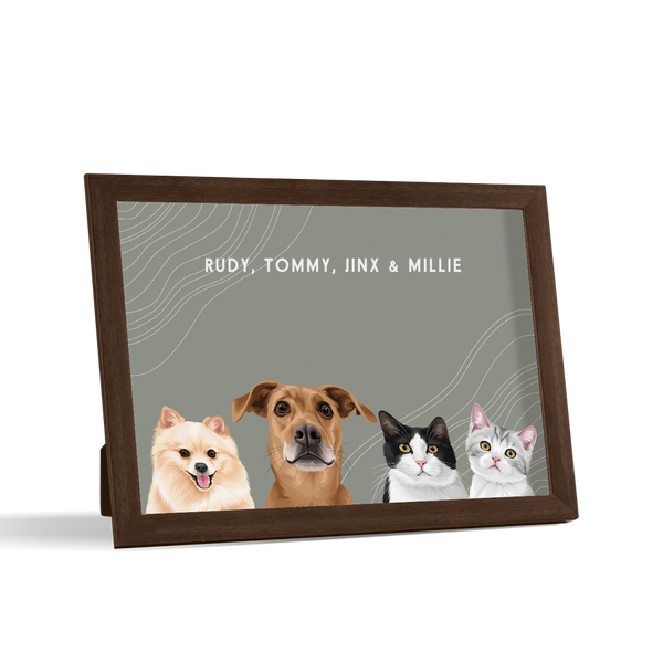 Retrato de cuatro mascotas de escritorio