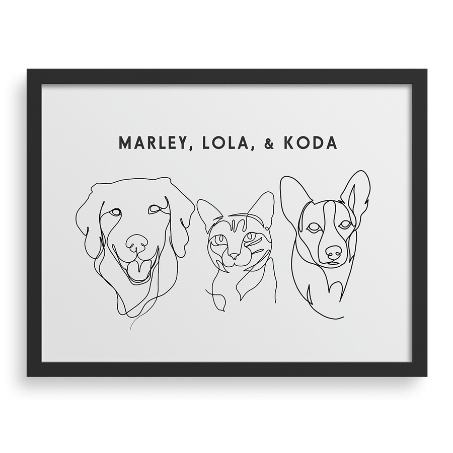 Retrato personalizado con dibujo lineal de tres mascotas.