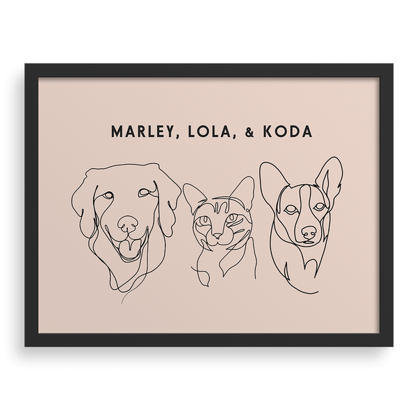 Retrato personalizado con dibujo lineal de tres mascotas.