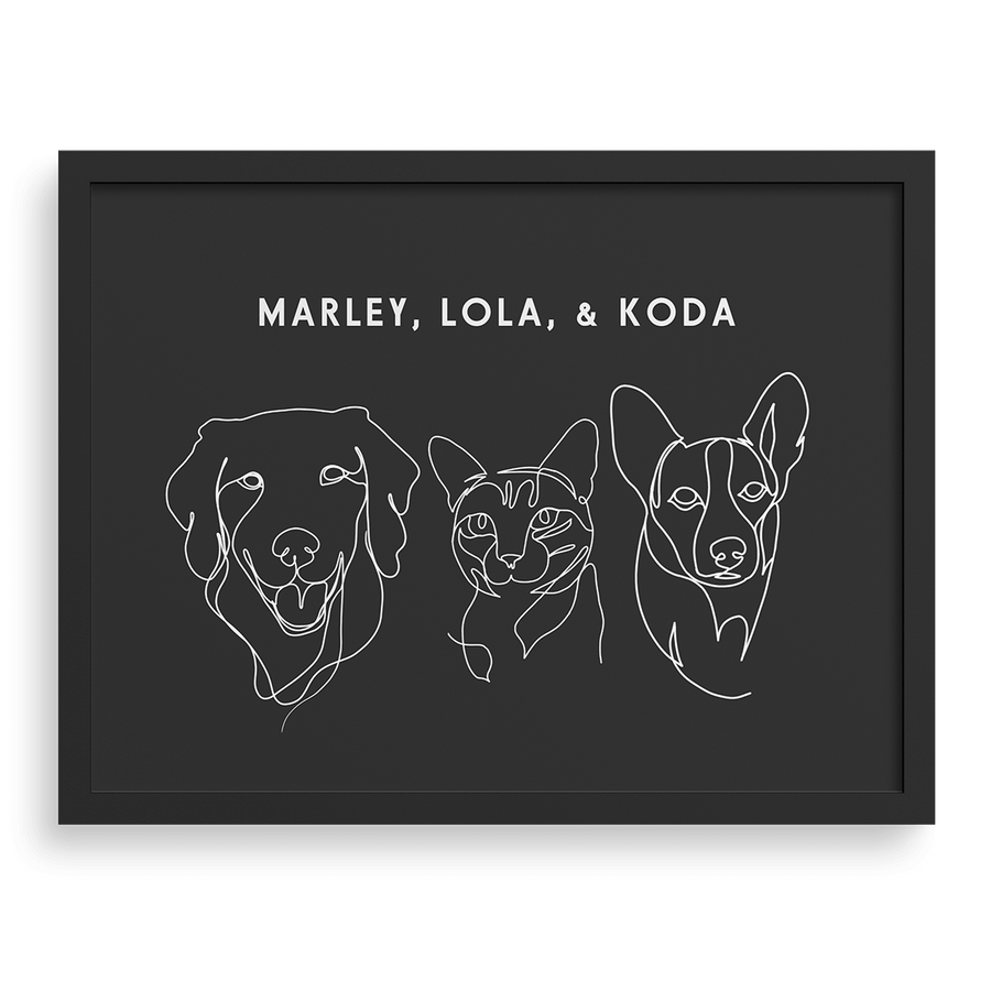 Retrato personalizado con dibujo lineal de tres mascotas.
