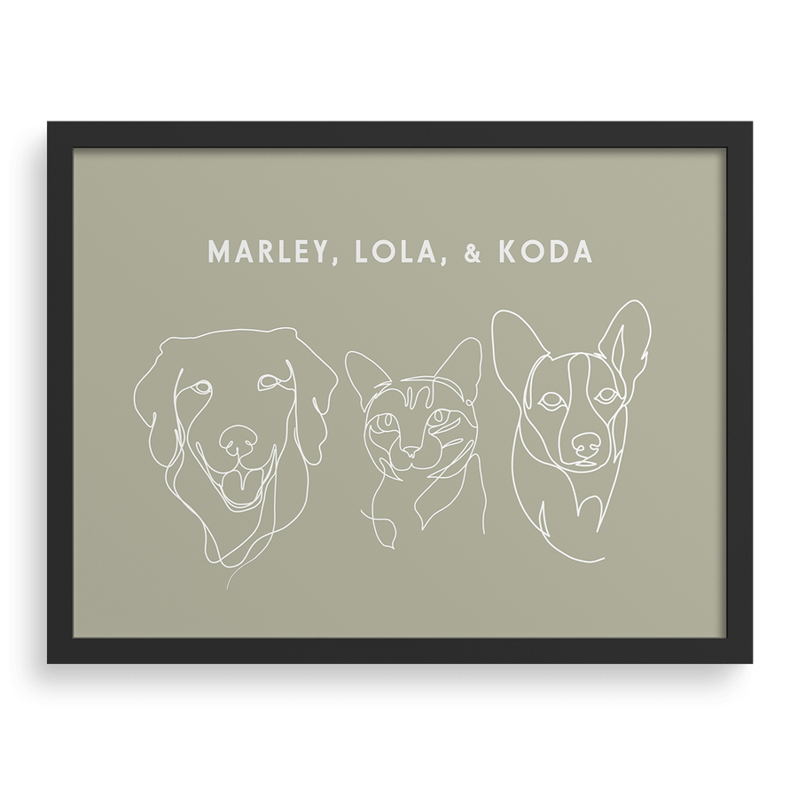 Retrato personalizado con dibujo lineal de tres mascotas.