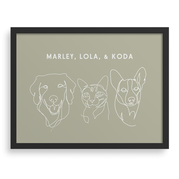 Retrato personalizado con dibujo lineal de tres mascotas.