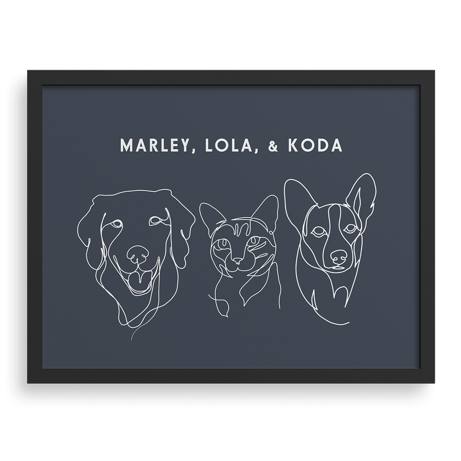 Retrato personalizado con dibujo lineal de tres mascotas.