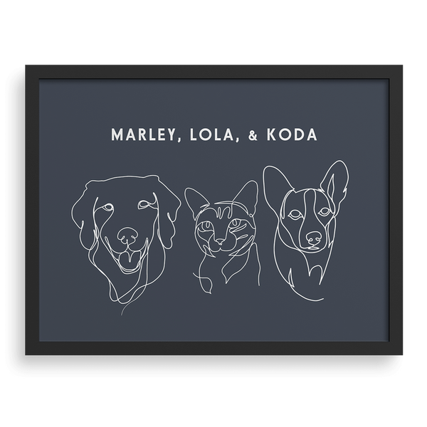 Retrato personalizado con dibujo lineal de tres mascotas.