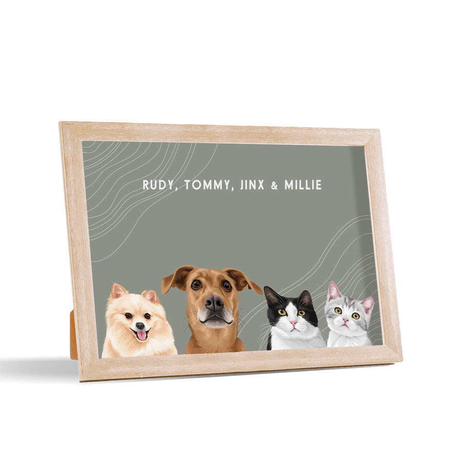 Retrato de cuatro mascotas de escritorio
