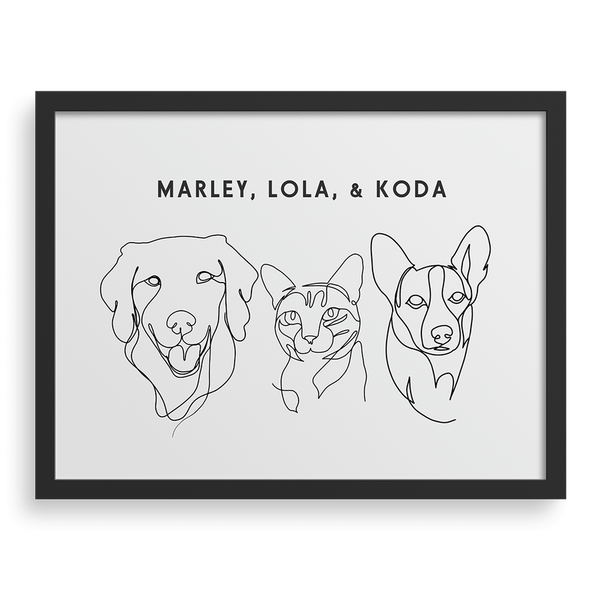 Retrato personalizado con dibujo lineal de tres mascotas
